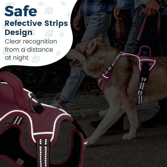 Funfox Dog Harness No Pull, Adjustable Pet Vest Harness, Super Soft Material with Vertical Handle Easy Control, Reflective Night Walking, 2 Leash Clips for XLarge Dogs, Pink, XL-PawvioPets