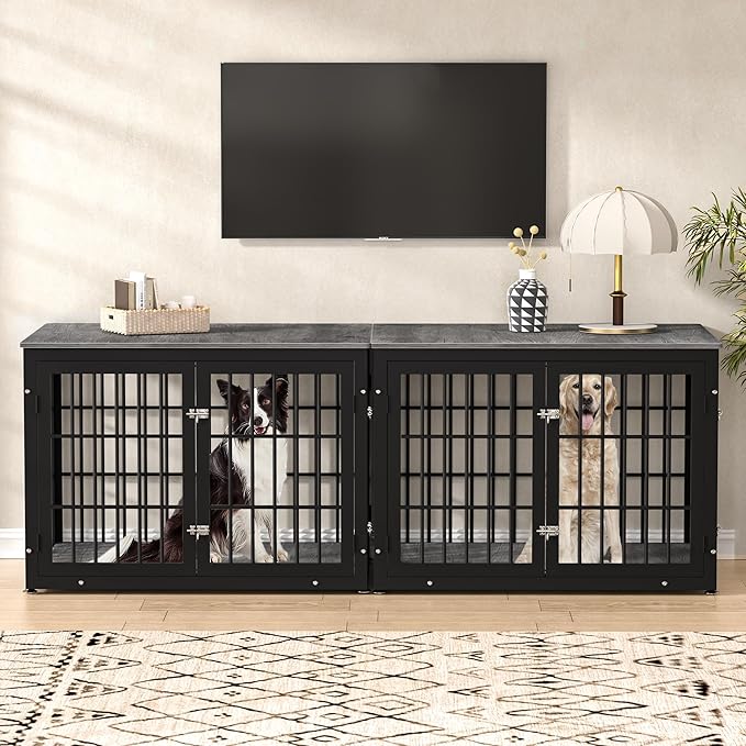 42 Inch Heavy Duty Dog Crate Furniture for Large and Medium Dogs, Decorative Pet House End Table, Wooden Cage Kennel Furniture Indoor, Gray-PawvioPets