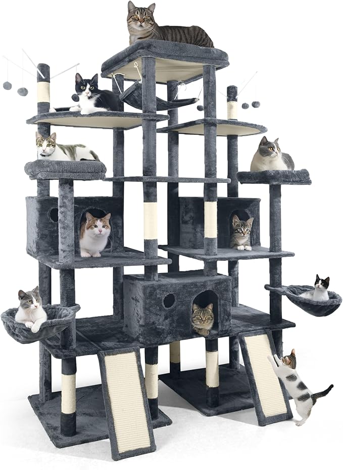 Extra Large 80-Inch Tall Cat Tree w/Widened Perch for Large Cats, Big Cat Tower Indoor, Modern Multi-Level Activity Tower with Scratching Posts, Condos, Baskets, Hammock, Scratching Ramps-PawvioPets