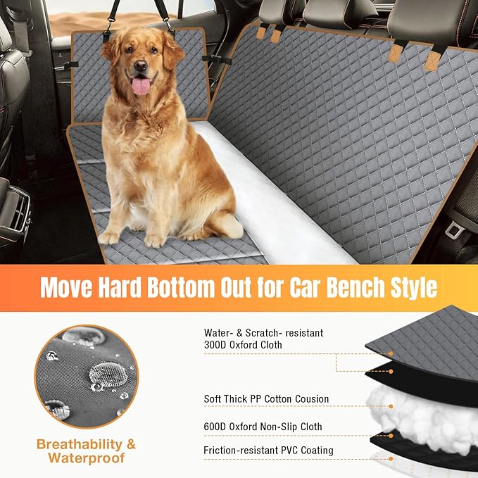 Dog Car Seat Cover for Back Seat, Dog Car Bed Cover with Strong Hard Bottom, Back Seat Extender Hammock for SUV Truck,4 Panels Gray Color-PawvioPets