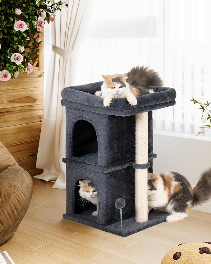24in Cat Tree Tower with Scratching Post, 19 * 16.5in Window Perch for Large Cats, 2 Cat Condo Cubbies for Indoor Kittens, Dark Gray-PawvioPets