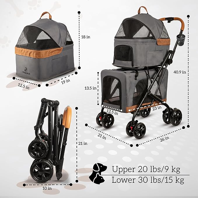 Double Pet Stroller with Detachable Carriers - Ideal for 2 Dogs or Cats - Compact & Convenient Design - Easy Assembly Double Dog Stroller - Graphite Gray-PawvioPets