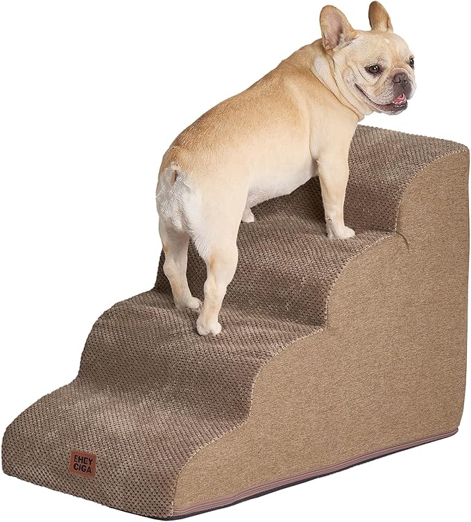 EHEYCIGA Curved Dog Stairs Ramp for High Beds 19.7" H, 4-Step Dog Steps for Small Dogs and Cats, Pet Stairs for High Bed Climbing, Non-Slip Balanced Pet Step Indoor, Camel-PawvioPets