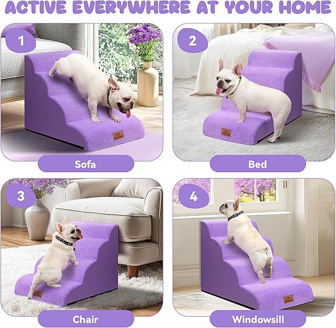 Dog Ramp and Stair for Bed 16" H-20 H,3-Step Cat Stair for Sofa and Chair,4-Step Dog Ramp for High Bed and Window,Durable Nonslip Fabric Cover for Indoor (Purple-20 H, Pet Friendly, 4)-PawvioPets