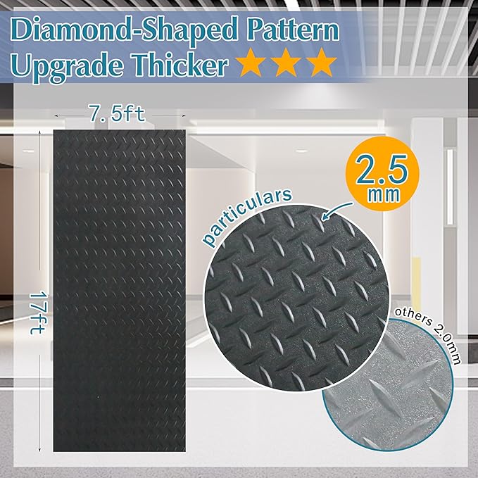 7.5 x 17 FT Garage Floor Mat,2.5 mm Thickness Diamond PVC Garage Flooring Roll, Anti-Slip Shop Floor & Parking mats for Workshop,Gym,Golf Cart Parking or Trailers-PawvioPets