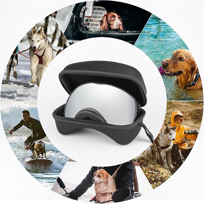 Dog Sunglasses UV Protection Clear Dog Goggles Windproof Glasses with Elastic Straps for Medium-Large Breed, Black Frame + Silver Lens-PawvioPets