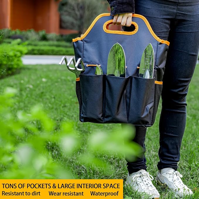 ESOW Garden Tool Set 7 PCS, Includes Cast-Aluminum Heavy Duty Hand Trowel, Transplant Trowel, Hand Rake, SK-5 Steel Gardening Scissor, Plant Tie, Bag & Gloves, Tool Kit Gifts-PawvioPets