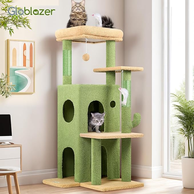 Globlazer Cactus Cat Tree Tower for Indoor Cats, 50-inch Adult Cat Tree House for Large Adult Cats with Steps, Scratching Post, 2 Cat Caves, Dangling Toys, FC50, Green-PawvioPets