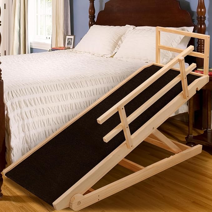 Dog Ramp for Bed, Adjustable Pet Ramps for Dog to Get on Bed, Non-Slip Rubber Surface - Folding Wooden Dog Ramp for Small/Large/Old Dogs, Adjustable up to 31 inch High Beds, Safety Railings-PawvioPets