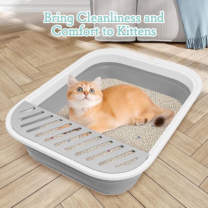 Fhiny Cat Litter Box Portable Shallow Litter Box 17.7"x13.4"x4.9" Foldable Cat Toilet with Scoop Open Kitty Potty Pan with Litter Drop Pedal Easy to Clean Travel Kitten Toilet(Gray)-PawvioPets