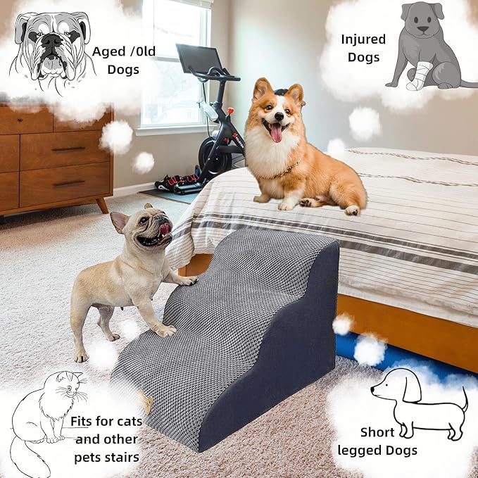 Dog Stairs to high beds, 3-step dog stairs for dogs to get on bed couch high 16"-20 inch, dog pet stairs for small large dogs cats climbing to bed, Non-Slip balanced doggy Grey (23.7*15.8*15.8 IN 33D)-PawvioPets