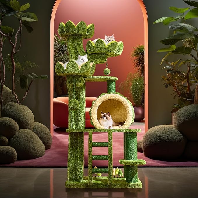 80.3'' Modern Cat Tree, Tall Cat Tower for Indoor Cats Adults, Luxury Climb Tower with Scratching Post, Heavy Duty Cat Condo with Ladder, Toys, Double Sided Mat, Lotus Perch for Multi-Cat Families-PawvioPets