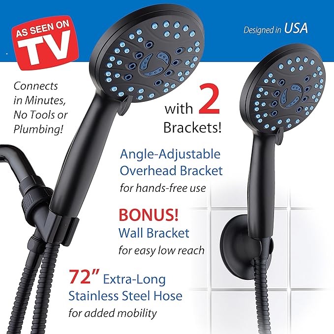 AquaCare High Pressure 8-mode Handheld Shower Head - Anti-clog Nozzles, Built-in Power Wash to Clean Tub, Tile & Pets, Extra Long 6 ft. Stainless Steel Hose, Wall & Overhead Brackets-PawvioPets