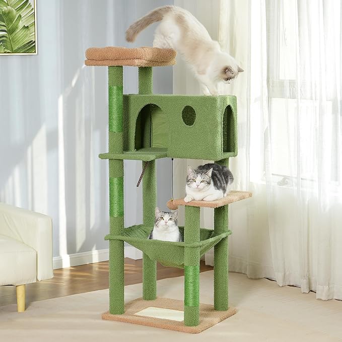 54” Cat Tree for Large Cats Big Cat Tower with Enlarged Hammock 21.6x17.7” Spacious Cats Condo House, Roomy Top Bed,Multiple Scratch Posts and Pad for Indoor Adult Cats (Green, Large-54)-PawvioPets