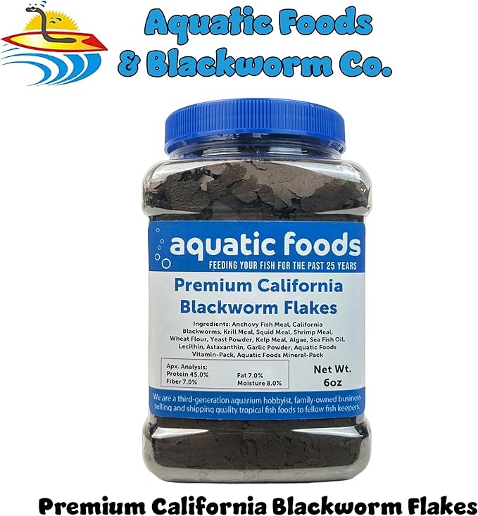 Aquatic Foods Inc. California Blackworm 45% Protein Premium Flakes for Discus, Cichlids, All Tropical Fish Also Pellet Mix, Wafer Mix Included…6oz-PawvioPets