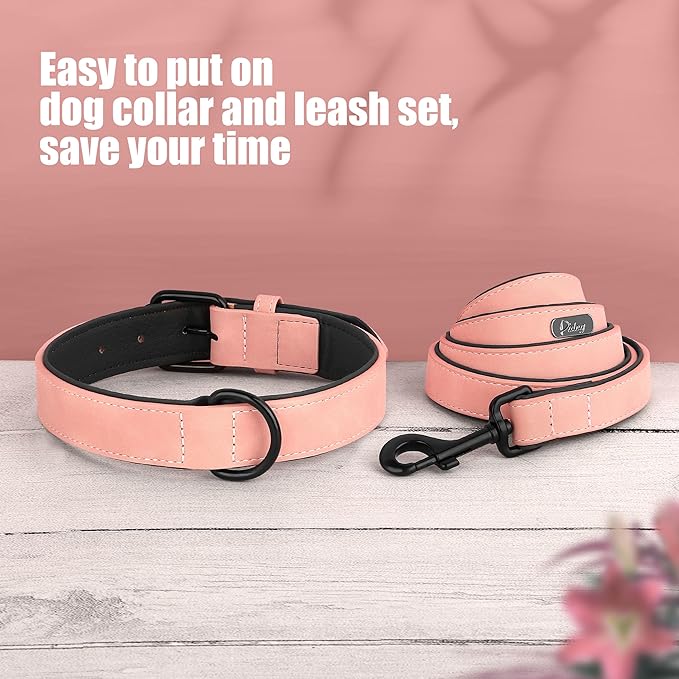 Didog Soft Padded Leather Dog Collar and Leash Set, Pink Breathable Pet Collars with 4FT PU Leather Dog Leash for Small Medium Large Dogs, Pink, XL-PawvioPets