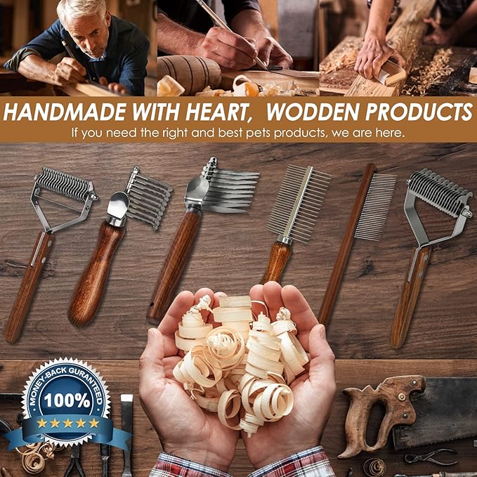 Dog Dematting Comb with Wooden Handle & Detangling Brush - Stainless Steel Undercoat Rake for Long & Thick Haired Dogs & Cats, Professional Grooming Tool for Deshedding and Matted Fur Removal-PawvioPets