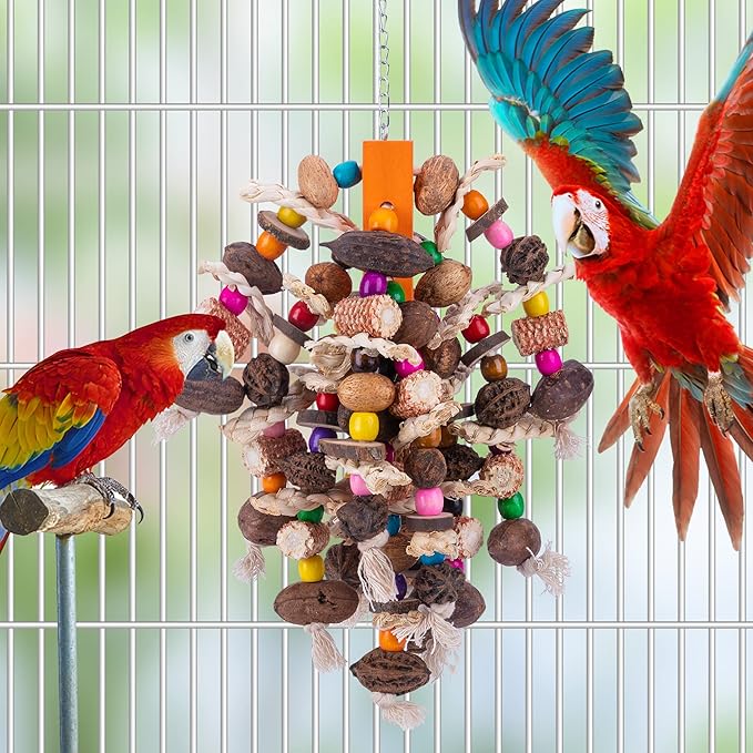 Deloky Large Parrot Bird Chewing Toys, Natural Nuts Corn Parrot Tearing Toy, Wooden Bird Cage Toy for African Grey, Macaws Cokatoos, Amazon Parrots and Other Large Birds-PawvioPets