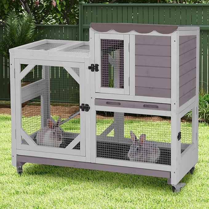 Aivituvin Rabbit Cage Indoor Outdoor Bunny Hutch on Wheels, 2 Story Wood Guinea Pig Cages with 2 Deeper Pull Out Trays (Gray)-PawvioPets