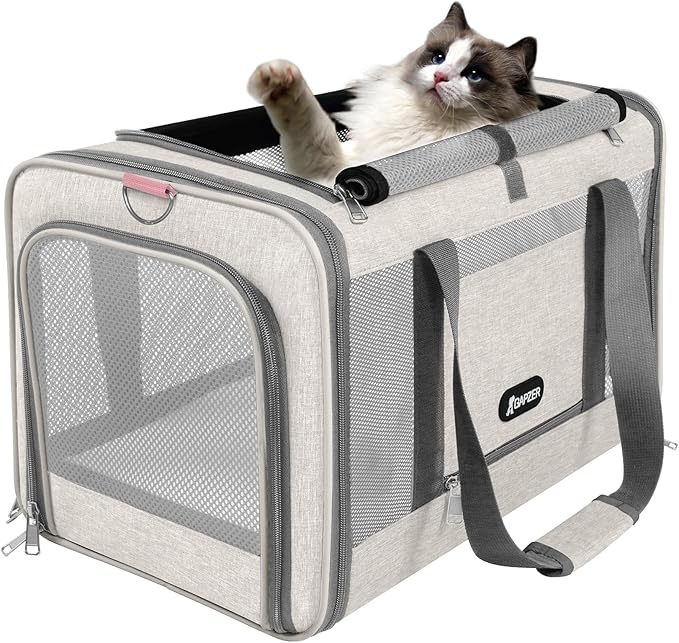 Cat Carrier American Airline Approved 18x11x11, Top Opening Sturdy Soft Pet Carrying Bag See Through, Mini Dog Hard Bottom Crate Kennel Case, 4-Side-Ventilation Mesh Cage Toy Poodle Biege-PawvioPets