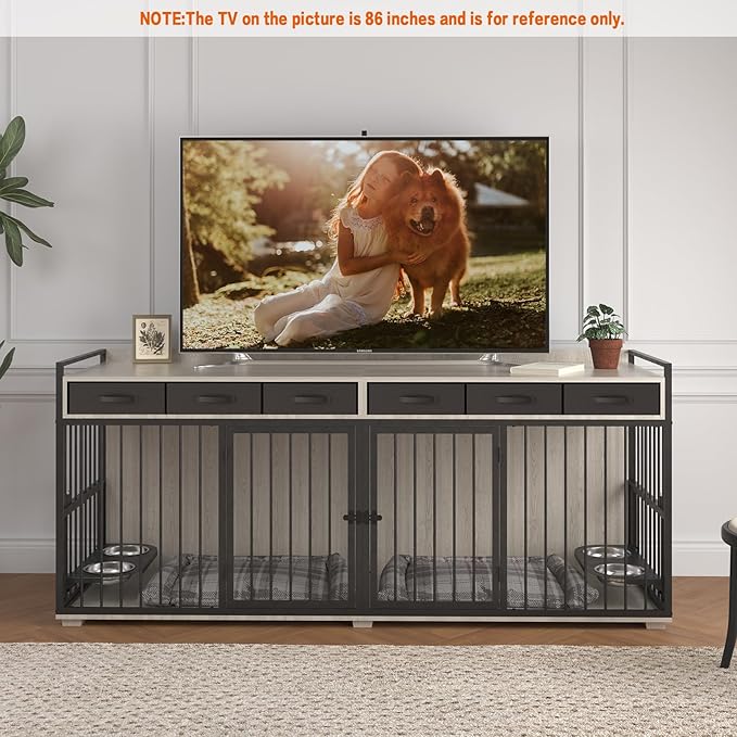 86.6inch Dog Crate Furniture with Storage,Furniture Style TV Stand Dog Kennel for 2 Dogs,with 6 Drawers,Removable Divider&Adjustable Bowls,Heavy Duty Metal Chew-Resistant Dog Crate Furniture-PawvioPets