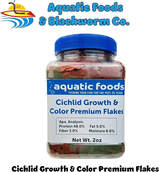 Aquatic Foods Inc. Premium Cichlid Growth and Color Enhancing Flakes with Spirulina, Color Enhancing Astaxanthin Also Pellet Mix, Wafer Mix Included…2oz-PawvioPets