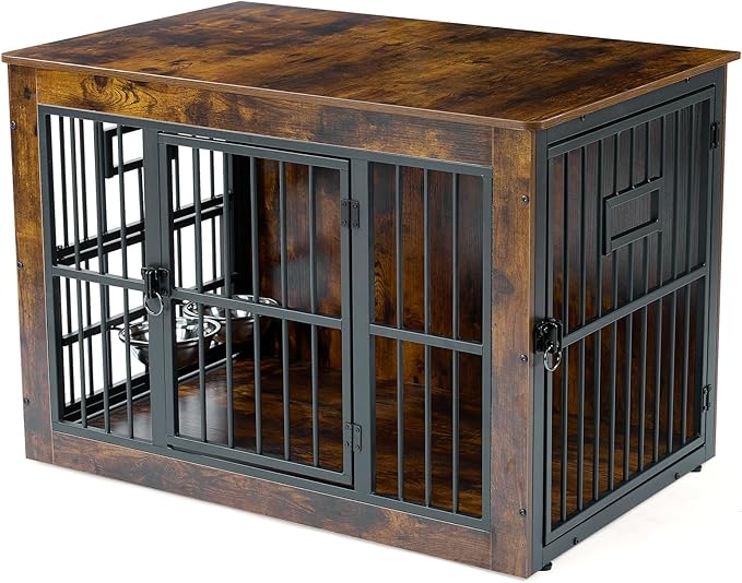 Gardner Pet Dog Crate Furniture for Medium Dogs, 38.8 Inch Dog Kennel Indoor, Wooden Dog Cage End Table with 2 Removable Bowls, Heavy Duty Dog Crate, Rustic Brown-PawvioPets