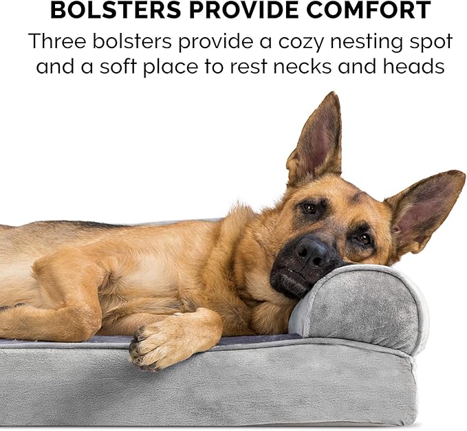 Furhaven Cooling Gel Dog Bed for Large Dogs w/ Removable Bolsters & Washable Cover, For Dogs Up to 125 lbs - Faux Fur & Velvet Sofa - Smoke Gray, Jumbo Plus/XXL-PawvioPets