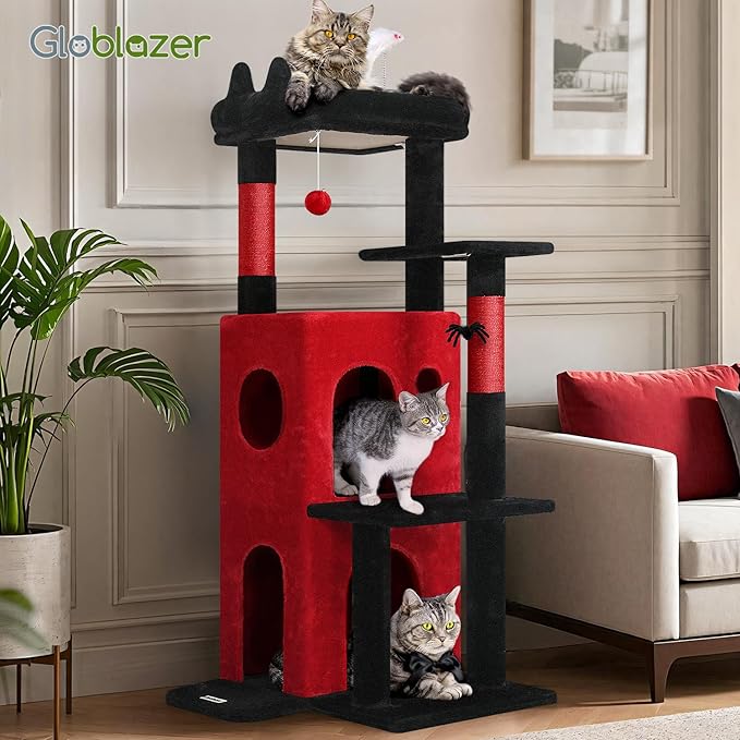 Globlazer Gothic Cat Tree Tower for Indoor Cats, 50-inch Goth Adult Cat Tree House for Large Adult Cats with Steps, Scratching Post, 2 Cat Caves, Dangling Toys, FC50, Blood-Goth-PawvioPets