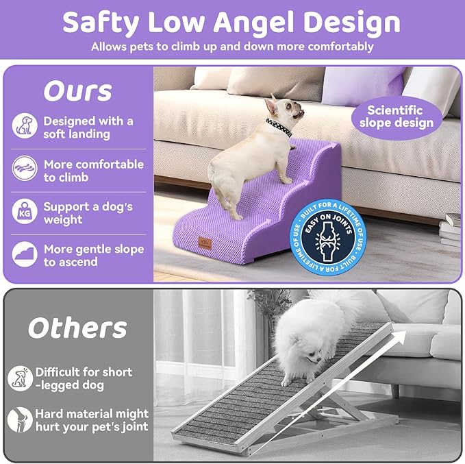 Dog Ramp and Stair for Bed 16" H-20 H,3-Step Cat Stair for Sofa and Chair,4-Step Dog Ramp for High Bed and Window,Durable Nonslip Fabric Stair for Indoor (Purple-16 H, Pet Friendly, 3)-PawvioPets