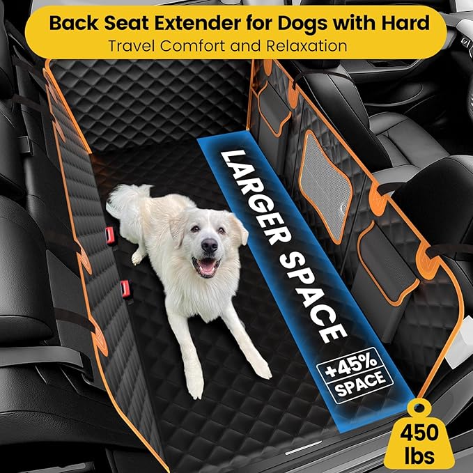 Back Seat Extender for Dogs - Holds 450lbs, Waterproof Dog Car Seat Cover for Back Seat with Hard Bottom for Cars SUVs Truck,Anti-Scratch No Slip Large Space Pet Backseat Protector,Black Orange-PawvioPets