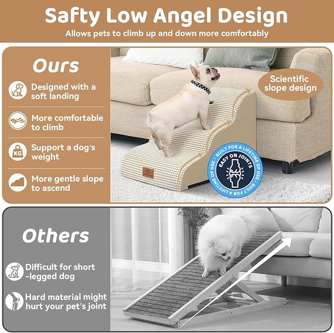 Dog Ramp and Stair for Bed 16" H-20 H,3-Step Cat Stair for Sofa and Chair,4-Step Dog Ramp for High Bed and Window,Durable Nonslip Fabric Cover for Indoor (Beige-16 H, Pet Friendly, 3)-PawvioPets