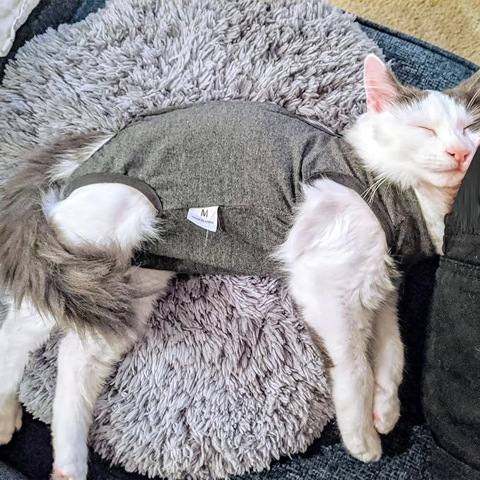 DOTON Cat Recovery Suit for Male and Female Surgical Post Surgery Soft Cone Onesie Shirt Clothes Neuter Licking Protective Diapers Outfit Cover Kitten Spay Collar(S, Grey)-PawvioPets