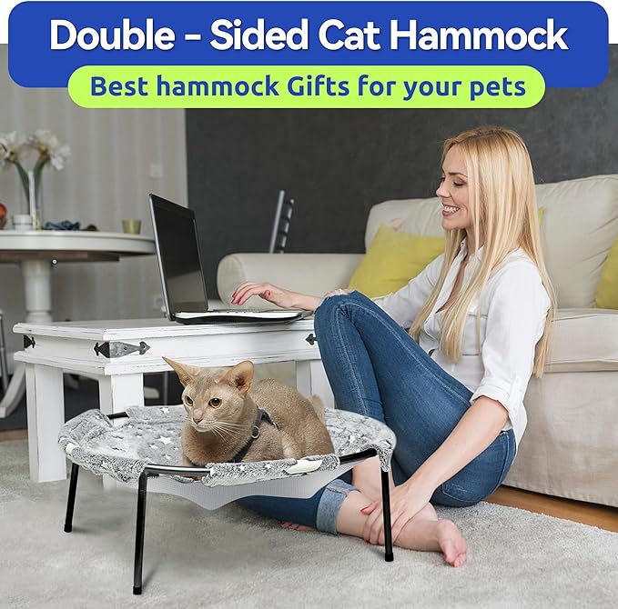 Elevated Cat Bed, Glow-in-The-Dark Fabric Cat Hammock Bed for Large Indoor Cats, Machine Washable & Breathable Cover, Tool Free Easy Assembly, up to 66Lbs (Gray, L)-PawvioPets