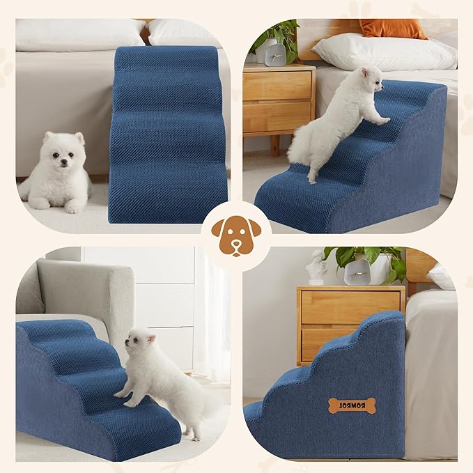Dog Stairs, Romrol Dog Steps Ramp for High Bed and Couch, Dogs Ramp with Durable Non-Slip Waterproof Fabric Cover, Pet Stairs for Small Dogs and Cats or Pets Joints, 4-TiersDusty Blue-PawvioPets