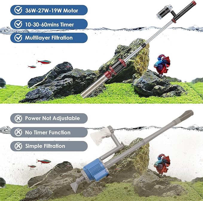 AKKEE Aquarium Vacuum Gravel Cleaner, 36W Fish Tank Gravel Cleaner Vacuum for Water Changer 8 in 1 Multifunctional with Timed Off Waterproof Wash Sand Water Filter Circulation Aquarium Vacuum Cleaner-PawvioPets