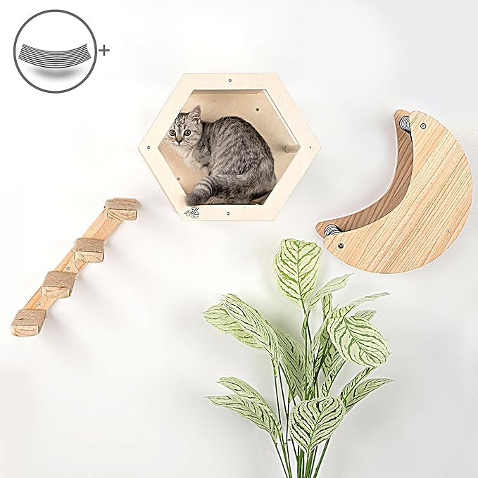3-Piece Cat Wall Furniture Set - Hammock, Hexagon House, Climbing Steps - Wall Mounted Shelves, Perches, and Beds - Modern Design for Large Cats and Kittens & Spare Hammock Fabric Included-PawvioPets