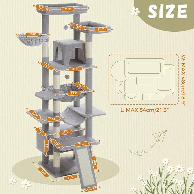 81 Inches Tall Cat Tree for Indoor Cats Large Adult - Heavy Duty Multi-Level Cat Tower with Large Metal Frame Hammock, Scratching Pad, 2 Top Perches, 2 Cozy Condos & 6 Scratching Posts - Gray-PawvioPets
