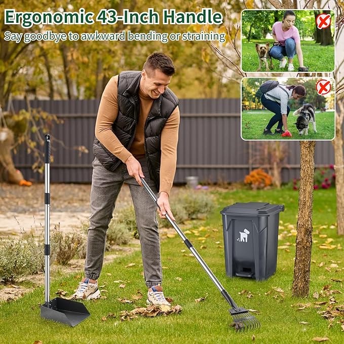 Dog Pooper Scooper, Dog Poop Trash Can Set with Removable Inner Bucket, Long Handle Rake, 150 Waste Bags, Easy Pick Up Poop Scooper, 20L Dog Poop Trash Bin for Small/Large Dog Families-PawvioPets