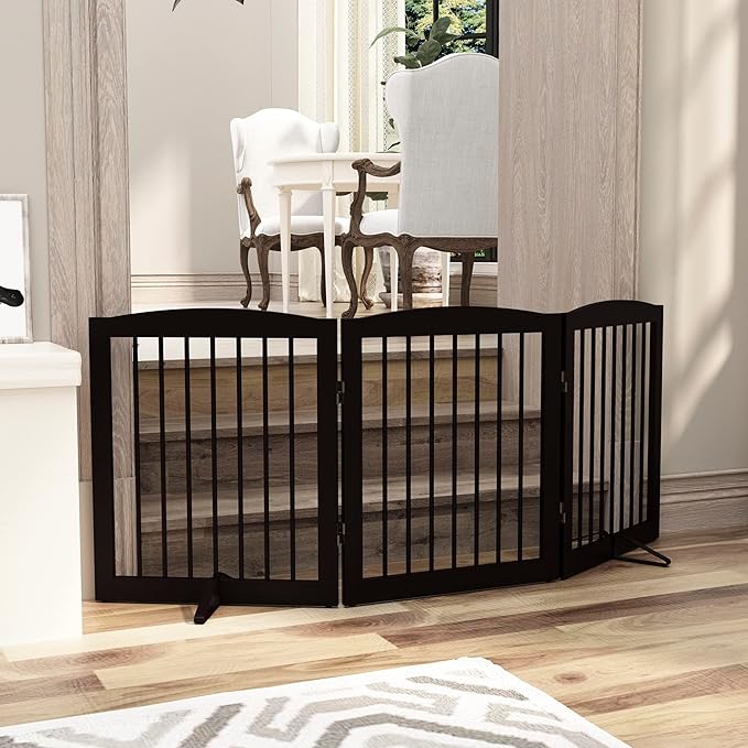 Freestanding Pet Gate for Dogs, Foldable Wooden Dog Gate for House, Indoor Dog Gate for Doorways, Stairs, Gates for Dogs Indoor, Support Feet Included, 24" Height 3 Panels, Brown-PawvioPets