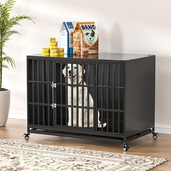 48 inch Heavy Duty Dog Crate with Self-Locking Latch, Indestructible Large Steel Kennel with Enclosed Design, Escape-Proof and Chew-Proof Pet Cage for High Anxiety Dogs-PawvioPets
