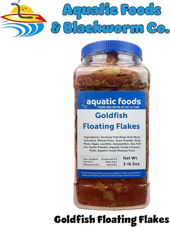 Aquatic Foods Inc. Premium Goldfish Flakes, 42% Protein Color Enhancing and Spirulina Flakes for Aquarium, Koi and All Pond Fish Also Pellet Mix, Wafer Mix Included…1-lb 2oz-PawvioPets