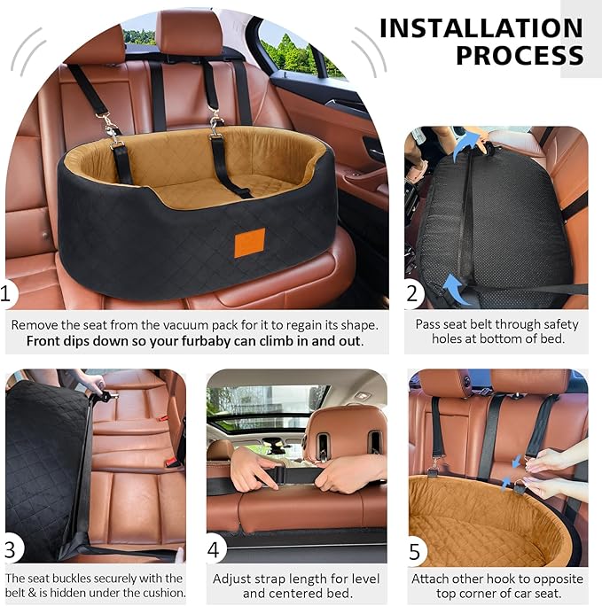 Dog Car Seat for Medium & Large Dogs up to 55 lbs, Elevated Booster Seat with Anti-Slip Base, Detachable & Machine-Washable Pet Car Bed for SUV/Sedan (Black/Brown)-PawvioPets