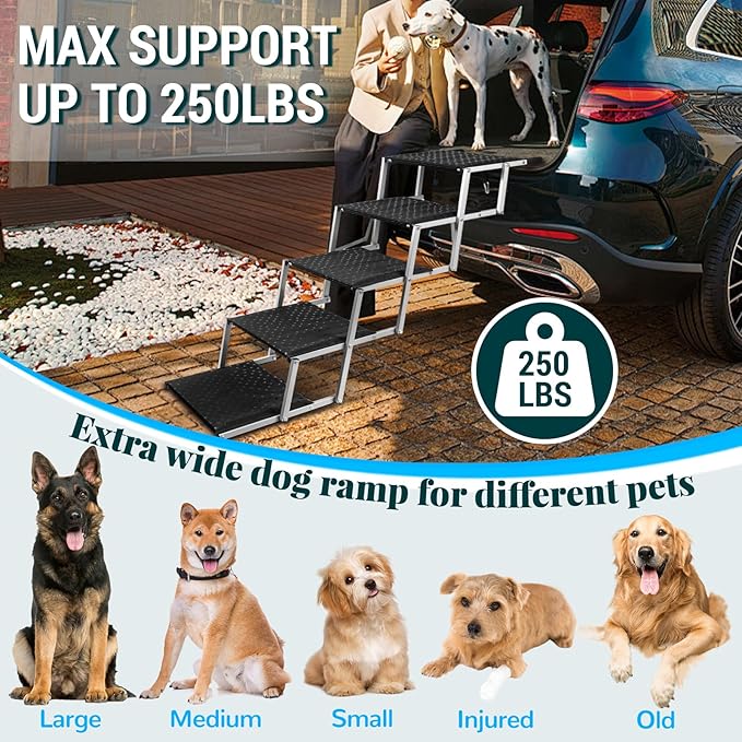 Extra Wide Dog Stairs for Large Dogs,Portable Folding Pet Stairs for Cars,SUV,Trucks,Dog Steps with Non-Slip Surface,Supports Up to 250 lb,5 Steps-PawvioPets