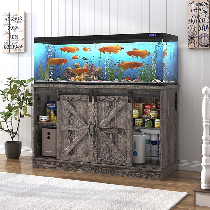 Farmhouse 55-75 Gallon Fish Tank Stand with Power Outlet, Aquarium Stand with Cabinet&Sliding Barn Door, Heavy Duty Reptile Tank Stand for 2 Fish Tank/Turtle Tank/Reptile Terrarium, Grey-PawvioPets