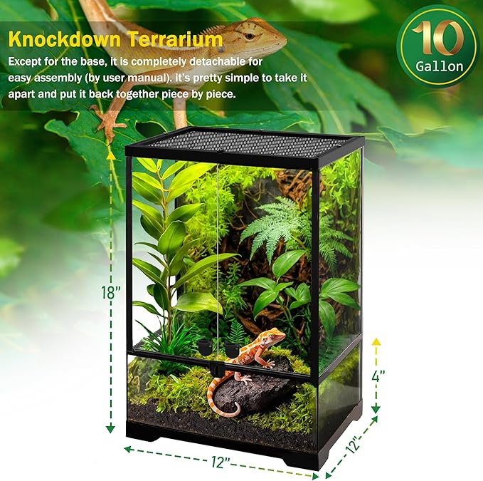 10 Gallon Professional Glass Terrarium 12"x12"x18" Durable Reptile Habitat Tank with Heat Resistant Aluminum Alloy Frame, Dual Front Swinging Doors for no Jam by Sand and Other Debris-PawvioPets