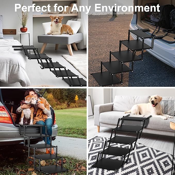 Extra Wide 5 Steps Dog Stairs for Large Dogs, Foldable Dog Ramp for Car with Non-Slip Surface, Lightweight Dog Stairs for Cars, Dog Steps for Cars, SUV, High Beds, Truck, Supports up to 250 lbs-PawvioPets