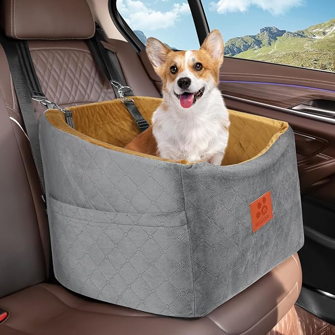 Dog Car Seat for Small Medium Dogs, Memory Foam Booster Car Seat for Dogs up to 35 lbs, Elevated Pet Car Seat, Travel Safety Bed with Washable Removable Cover and Storage Pockets(Gray/Coffee)-PawvioPets