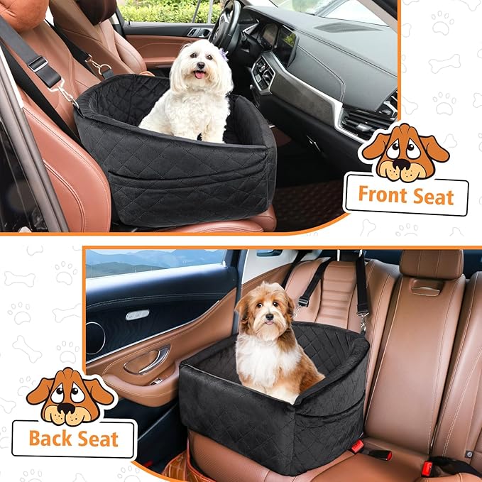 Dog Car Seat for Small Medium Dogs,Detachable Washable Dog Booster Seat Under 30lbs, Pet Car Seat Travel Bed with Storage Pockets and Dog Safety Belt (Black)-PawvioPets