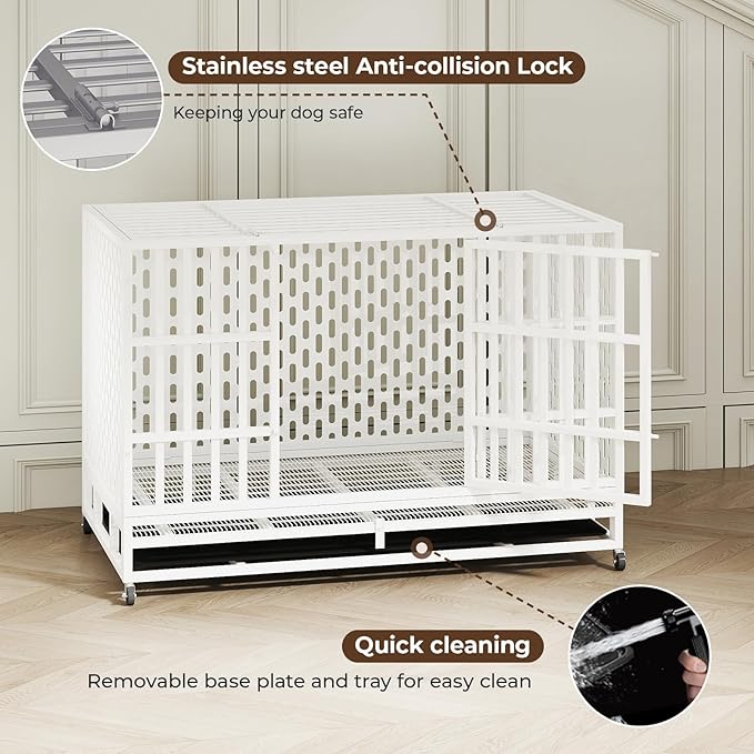 48 Inch Heavy Duty Indestructible Dog Crate Steel Escape Proof, Indoor Double Door High Anxiety Cage, Kennel with Wheels, Removable Tray,White,Extra Large XL XXL-PawvioPets